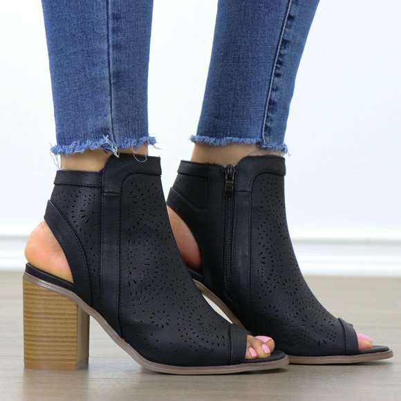 Shoes - Black Laser cut Design Open Toe Ankle Boots